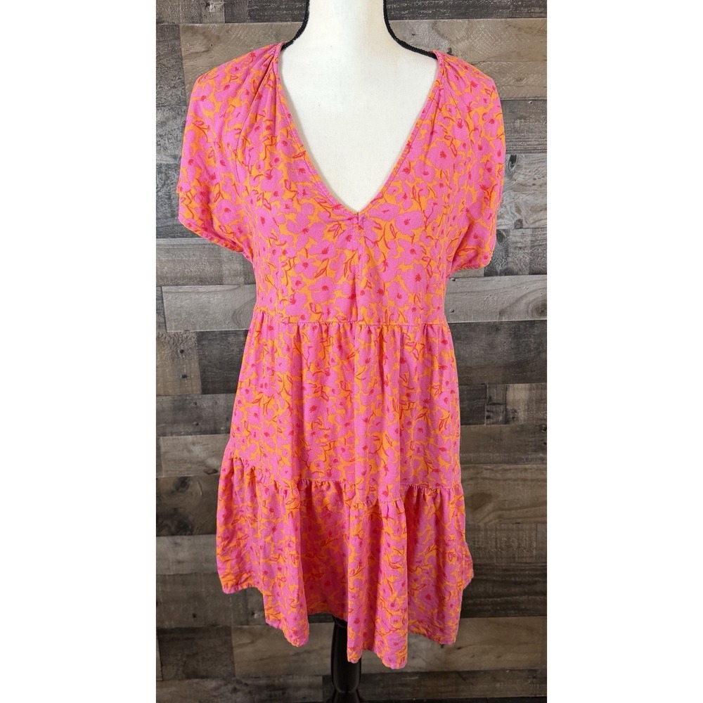 Universal Thread Women's Pink Linen Blend Tiered Floral Dress Small‎ Casual